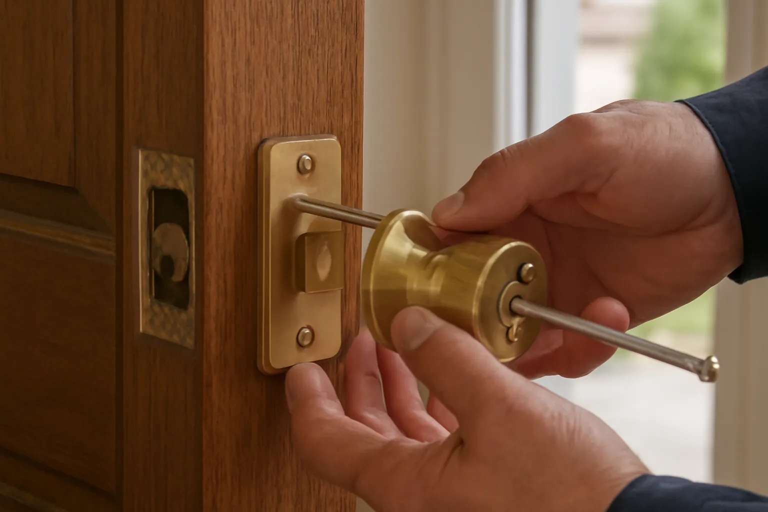 A close-up view of a locksmith installing a new brass door lock on a wooden door, with the locksmith’s hands aligning the lock mechanism. The scene is softly illuminated by natural daylight, highlighting the new lock components and the wooden door frame.