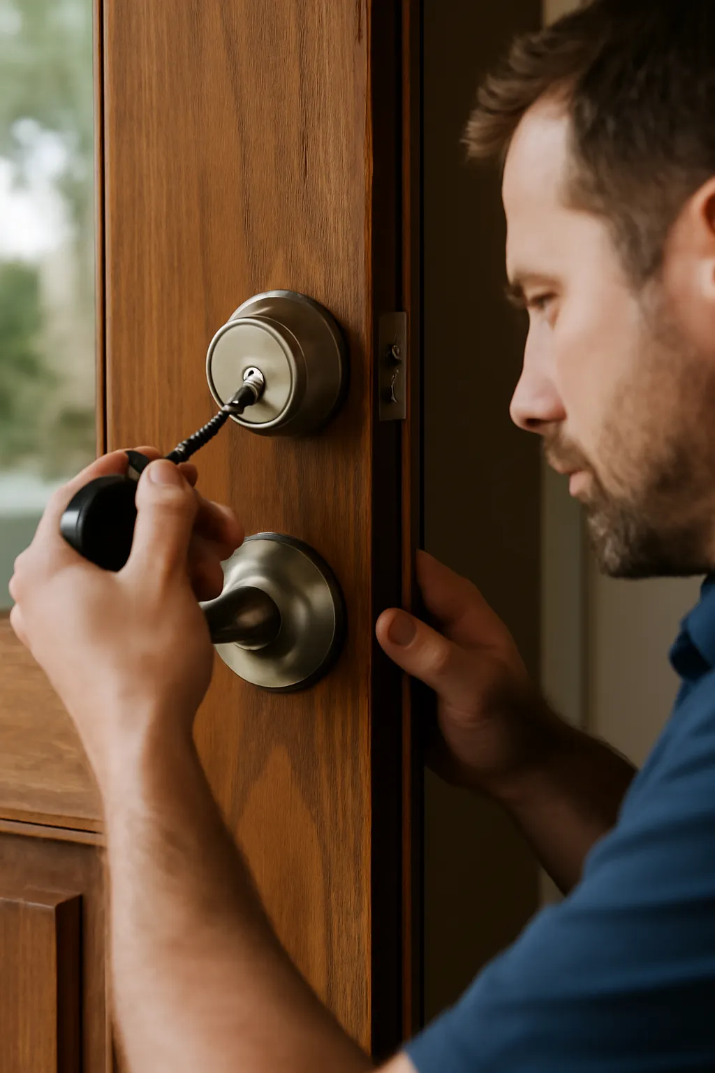 Realistic close-up of a locksmith installing a new deadbolt lock on a wooden front door, with hands securing the lock mechanism, natural daylight illuminating the scene, no text or logos