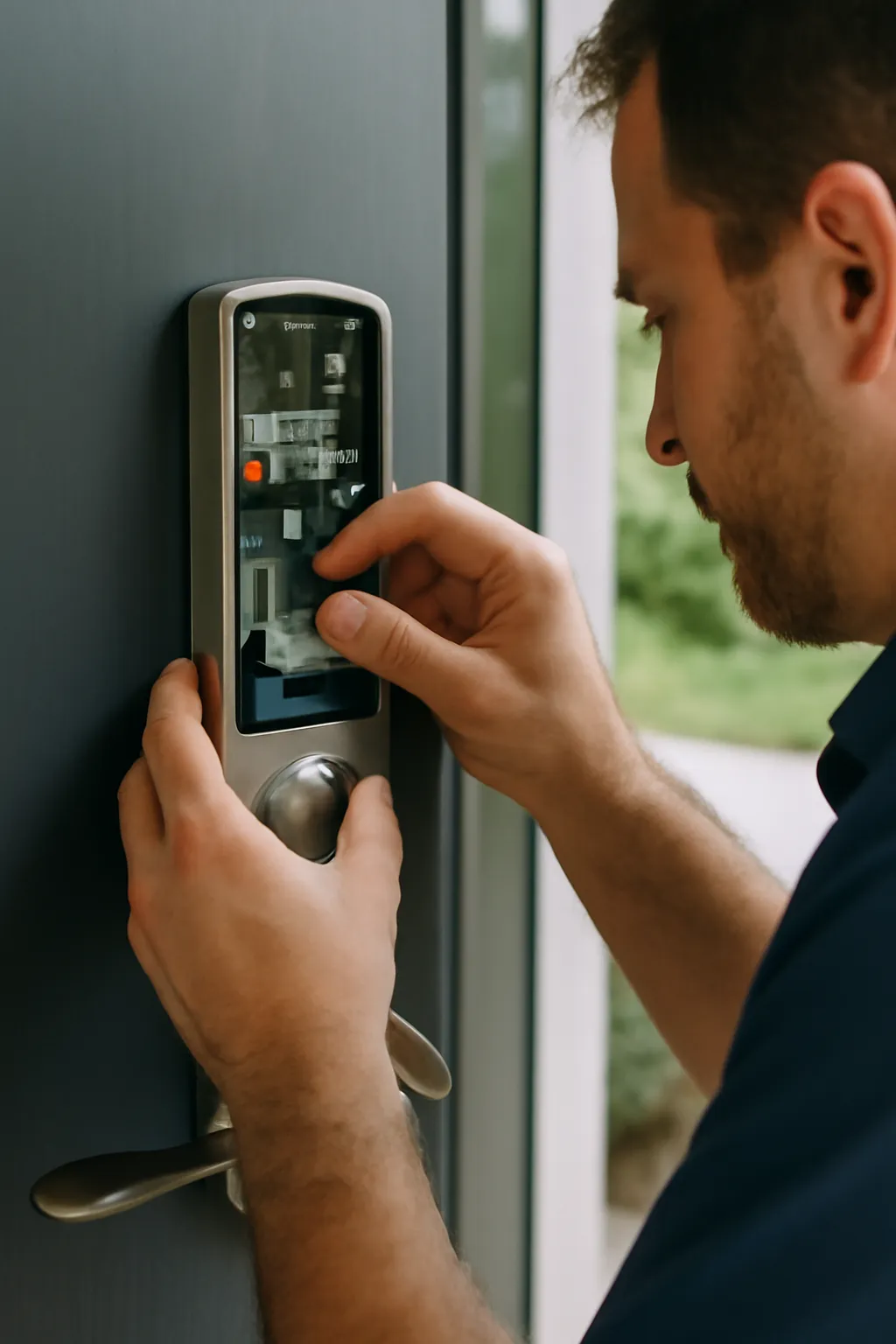 Realistic close-up of a locksmith replacing a keyless entry lock on a modern front door, with hands adjusting the electronic components, natural daylight illuminating the scene, no text or logos.