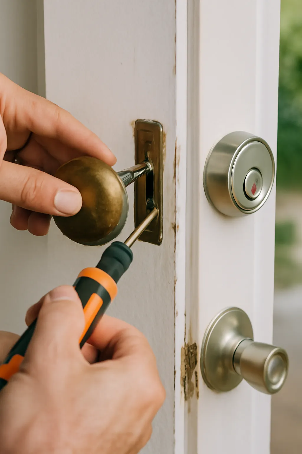 Realistic close-up of a locksmith removing an old, worn-out brass doorknob from a white wooden door, with an orange-handled screwdriver in use. The new sleek nickel deadbolt is visible next to the door, and natural daylight illuminates the scene, with a soft-focus background of greenery.