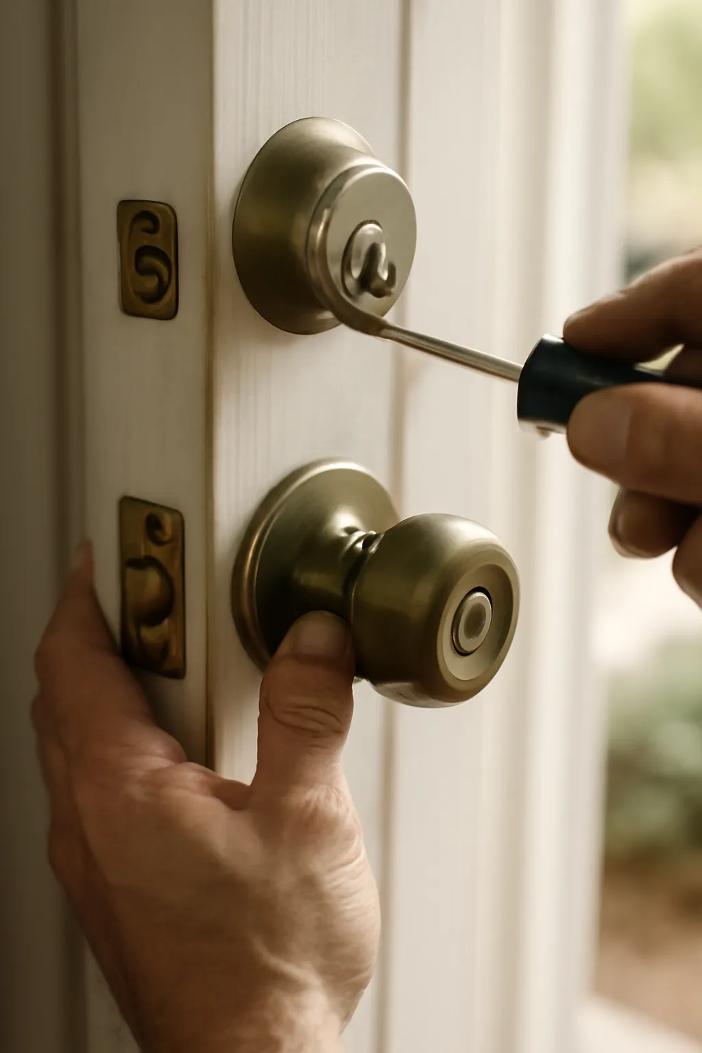 Close-up of a locksmith replacing a door lock set on a white wooden door, with brass knobs and deadbolt, soft natural lighting highlighting the locksmith's hands at wor