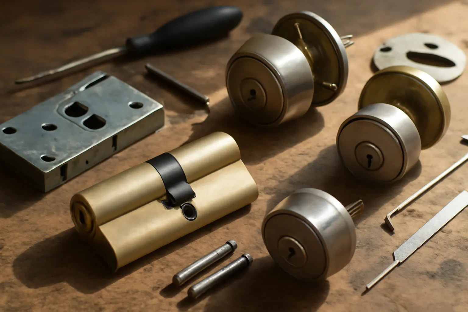 Various door lock components displayed on a workbench, including cylinder locks, deadbolt locks, and mortise locks, with tools and lock components scattered nearby, bathed in natural daylight