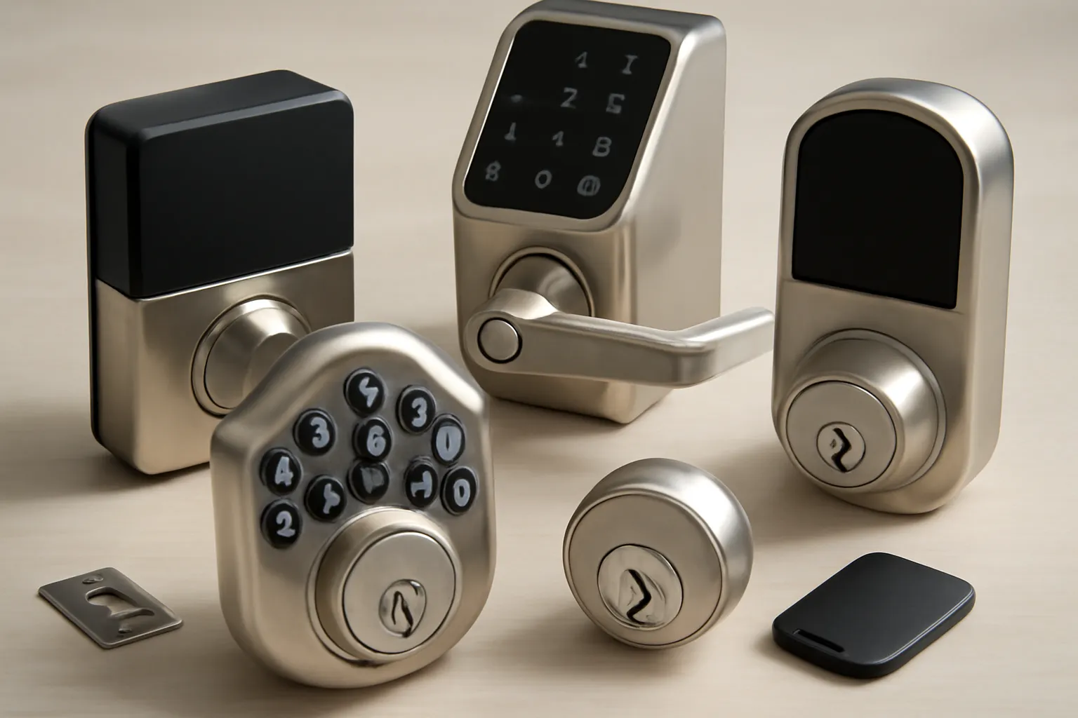 Close-up of various electronic and smart locks, high-security locks, and keyless entry systems arranged on a table, showcasing modern designs with soft natural lighting, no text or logos