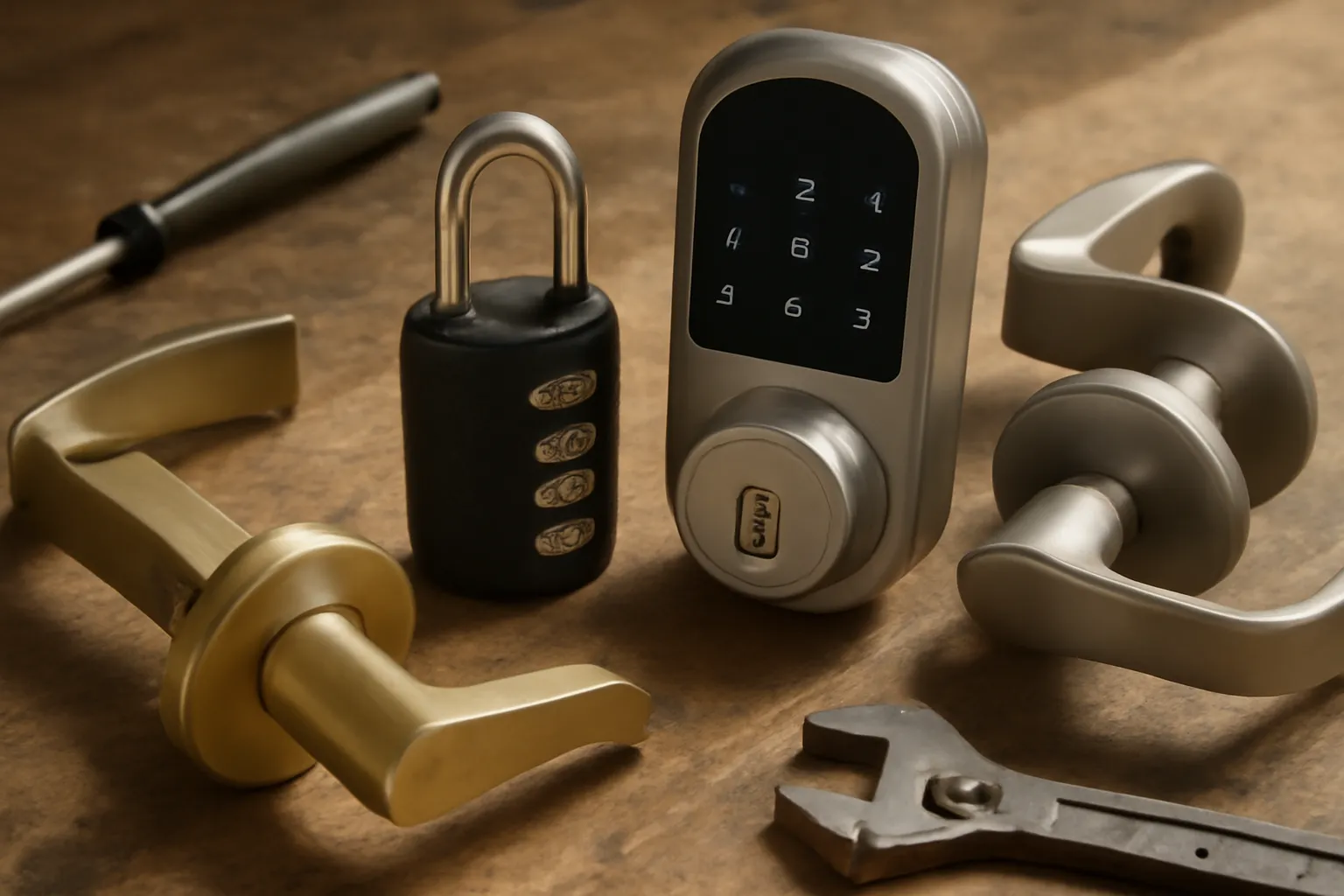 Close-up of a variety of locks, including a lever handle lock, combination lock, and smart door lock, displayed on a workbench with tools nearby, soft natural lighting, no text or logos.