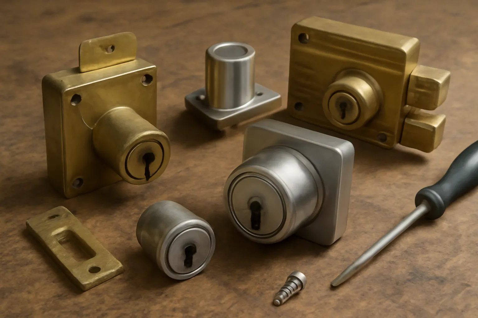 Close-up of a variety of locks, including furniture locks, jimmy-proof locks, and high-security locks, displayed on a workbench with tools nearby, soft natural lighting, no text or logos