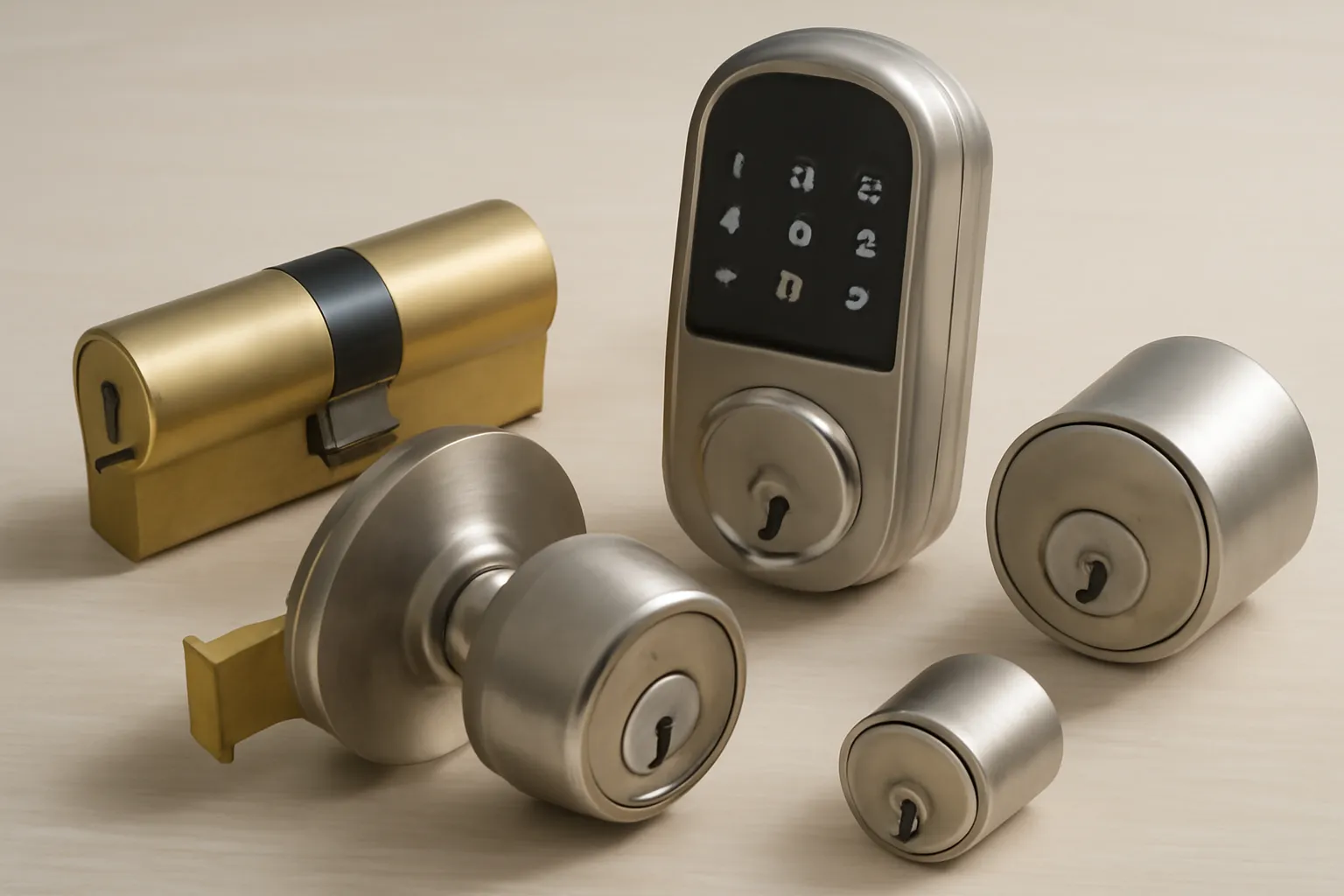Close-up of a variety of locks, including a cylinder door lock, door knob lock, and keyless entry system, displayed on a light wooden surface, with soft natural daylight highlighting the details, no text or logos.