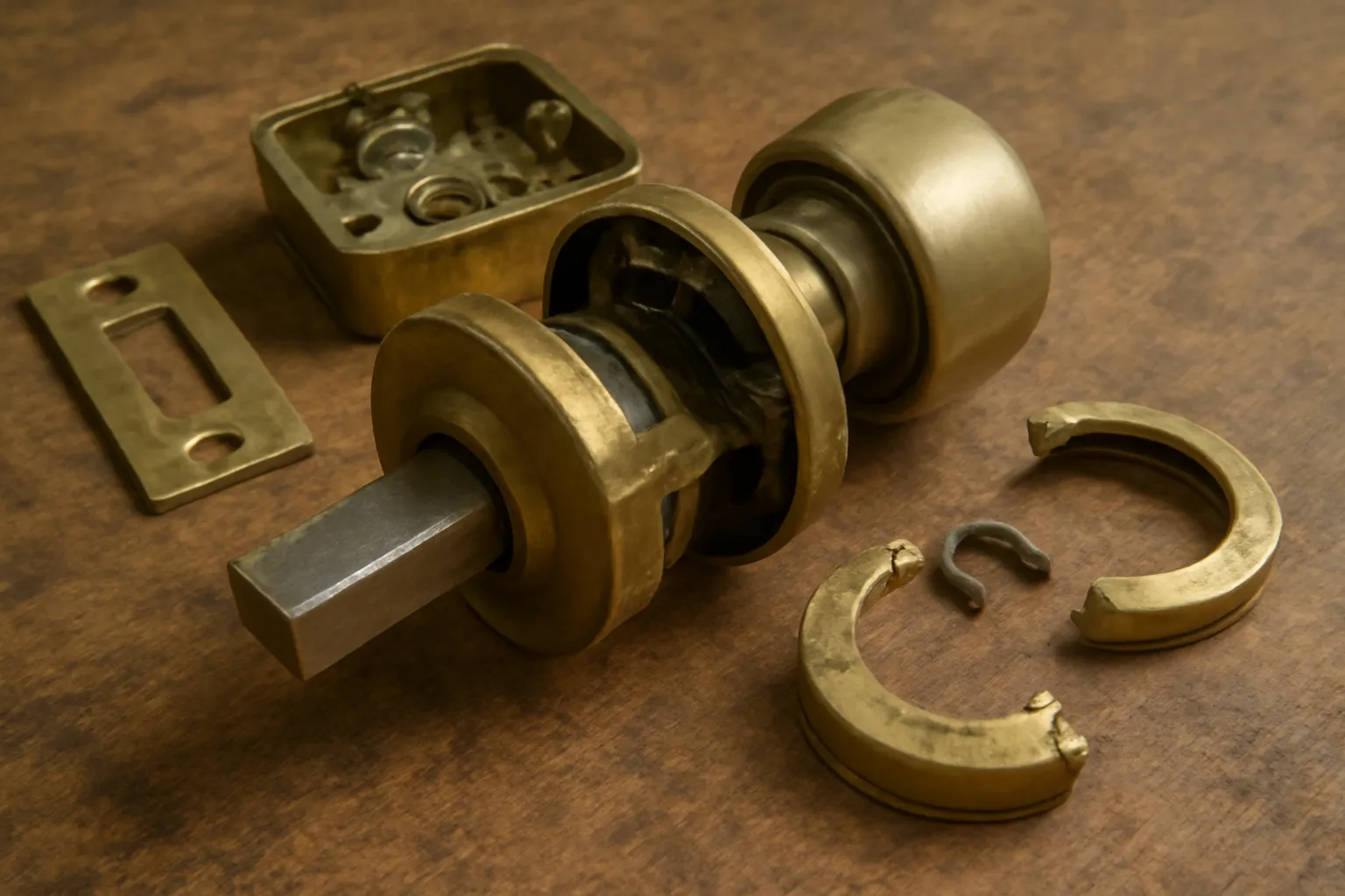 Close-up of a broken brass door lock, with visible damage to the mechanism and scattered pieces on a workbench, soft natural lighting highlighting the wear and tear, no text or logos.
