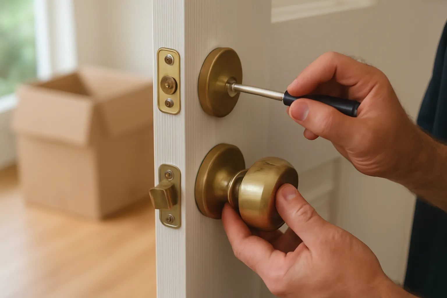 Close-up of a locksmith installing a new brass door lock on a white wooden door, with a moving box in the background, soft natural daylight illuminating the scene, no text or logos.