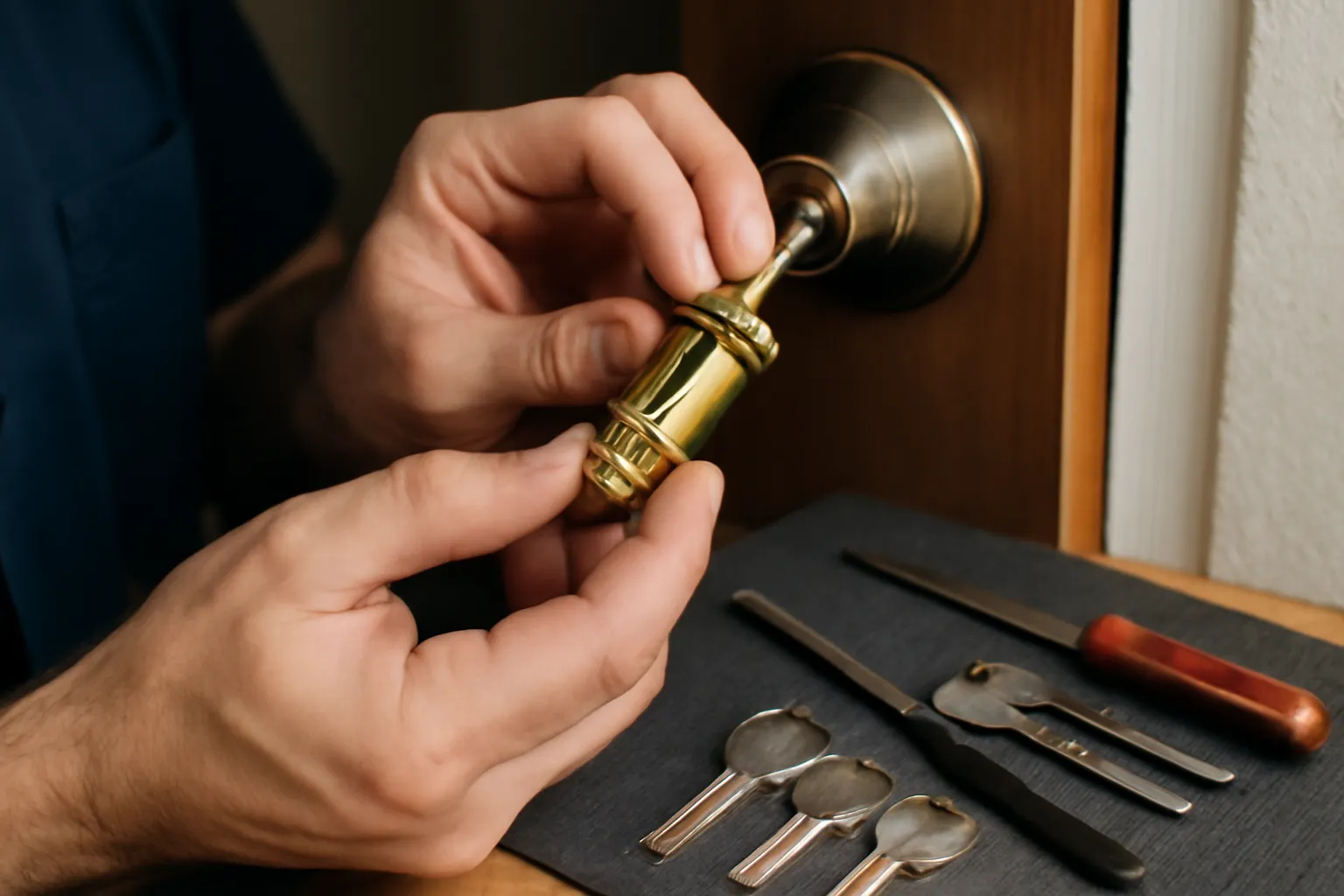 A locksmith with light skin is seen rekeying a brass doorknob on a wooden door. The locksmith is using a small L-shaped tool to adjust the lock’s internal parts, with tools and key blanks visible in the scene. The background features a warm-toned, soft-lit environment