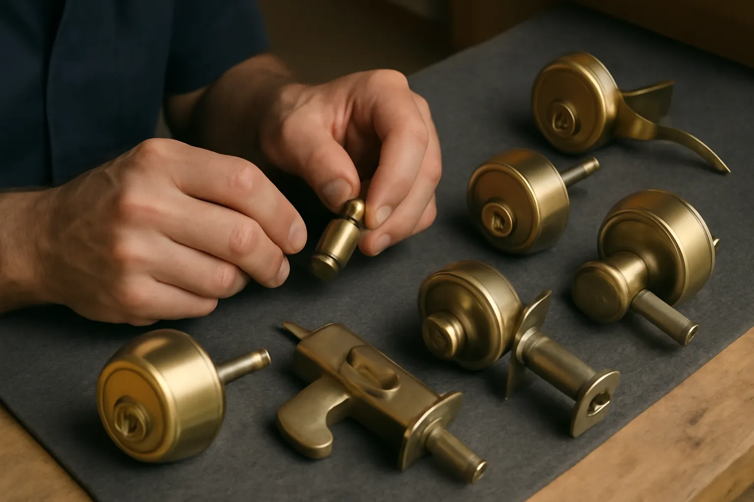 A locksmith’s hands are rekeying a variety of brass door locks on a gray work mat atop a wooden workbench. The locksmith is focused on adjusting a brass cylinder lock, with other types of locks, including deadbolts and doorknobs, arranged around them. The scene is lit by soft natural daylight, showcasing the craftsmanship and tools used.