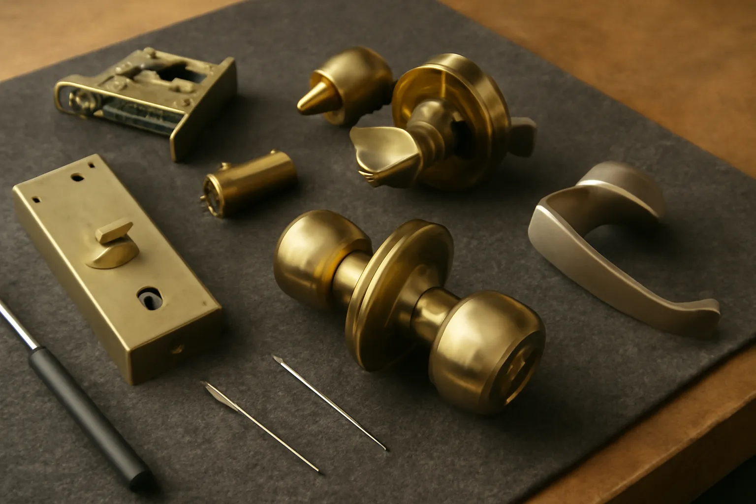 An assortment of door locks, including a mortise lock, knob locks, and a lever lock, is arranged on a dark gray workbench. The locks are displayed alongside precision tools like a flat-head screwdriver and pins, with natural lighting highlighting the details of the brass and brushed nickel finishes