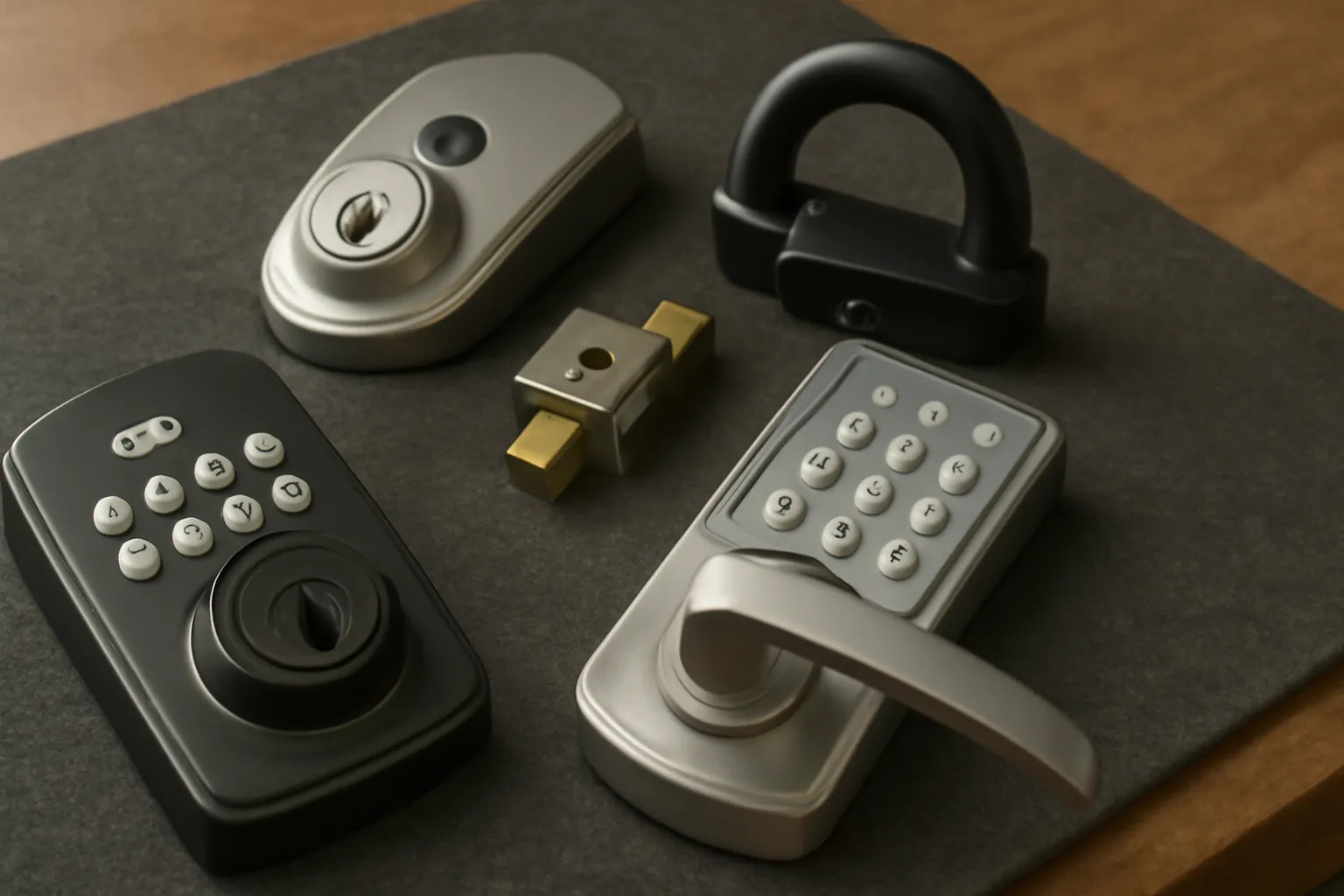 "Realistic close-up of mortise locks, knob locks, and lever locks laid out on a table with visible rekeying tools, sharp details and natural daylight, no text or logos