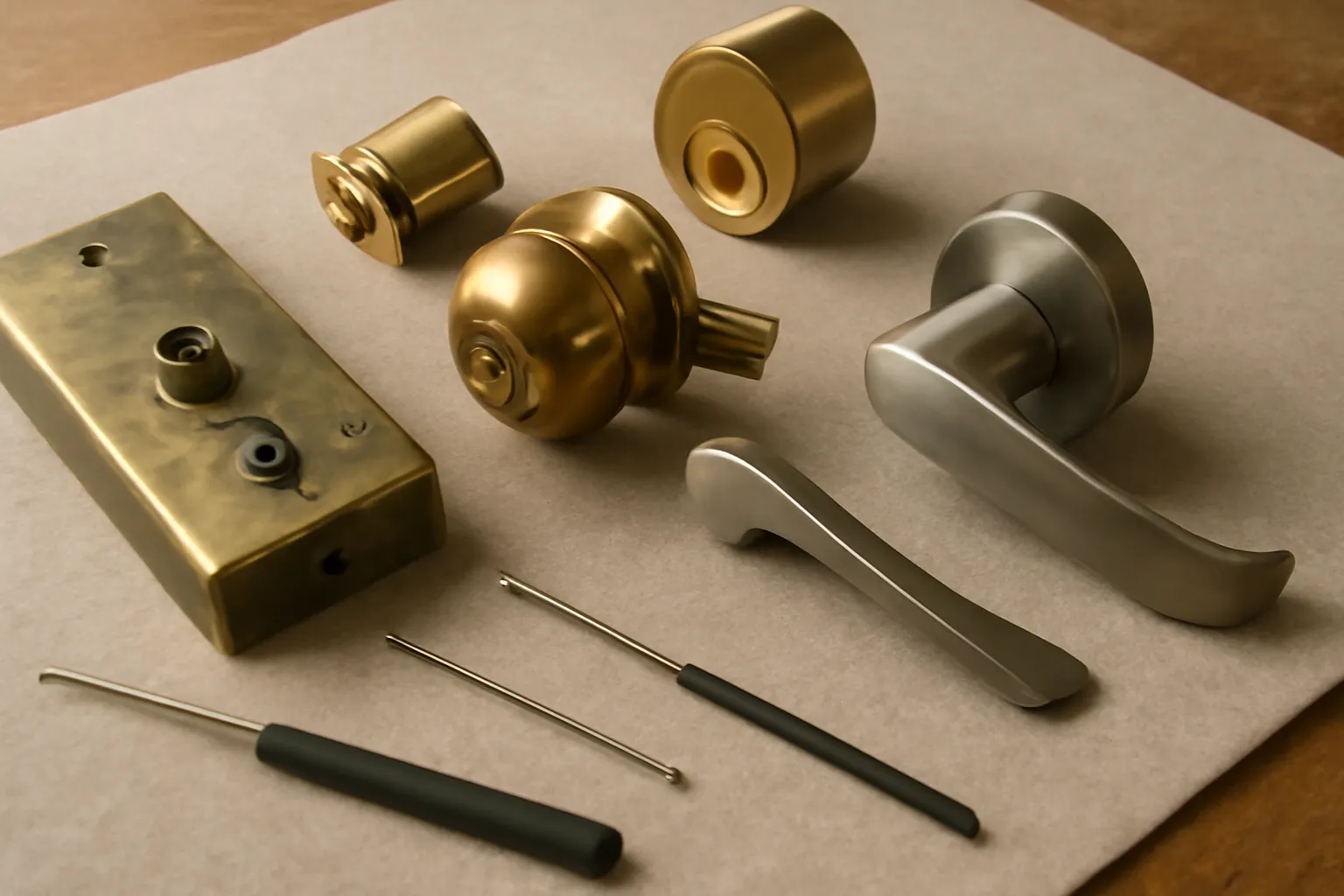 A close-up view of various door locks, including a mortise lock, knob lock, and lever lock, arranged on a beige textured fabric surface. Rekeying tools, such as a pick and tension wrench, are positioned alongside the locks. Soft, natural daylight enhances the details of the brass and brushed metal finishes.