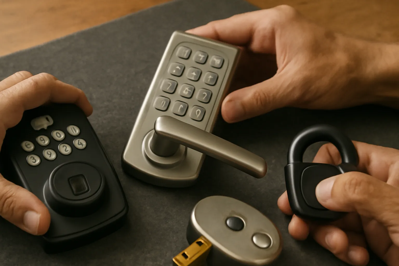 A close-up of three pairs of hands working on different locks: a black keypad lock, a silver keyless entry lever lock, and a black U-lock. Each lock is being adjusted or manipulated with precision. The scene is illuminated by soft natural light, showcasing the details of the locks and the hands working on them
