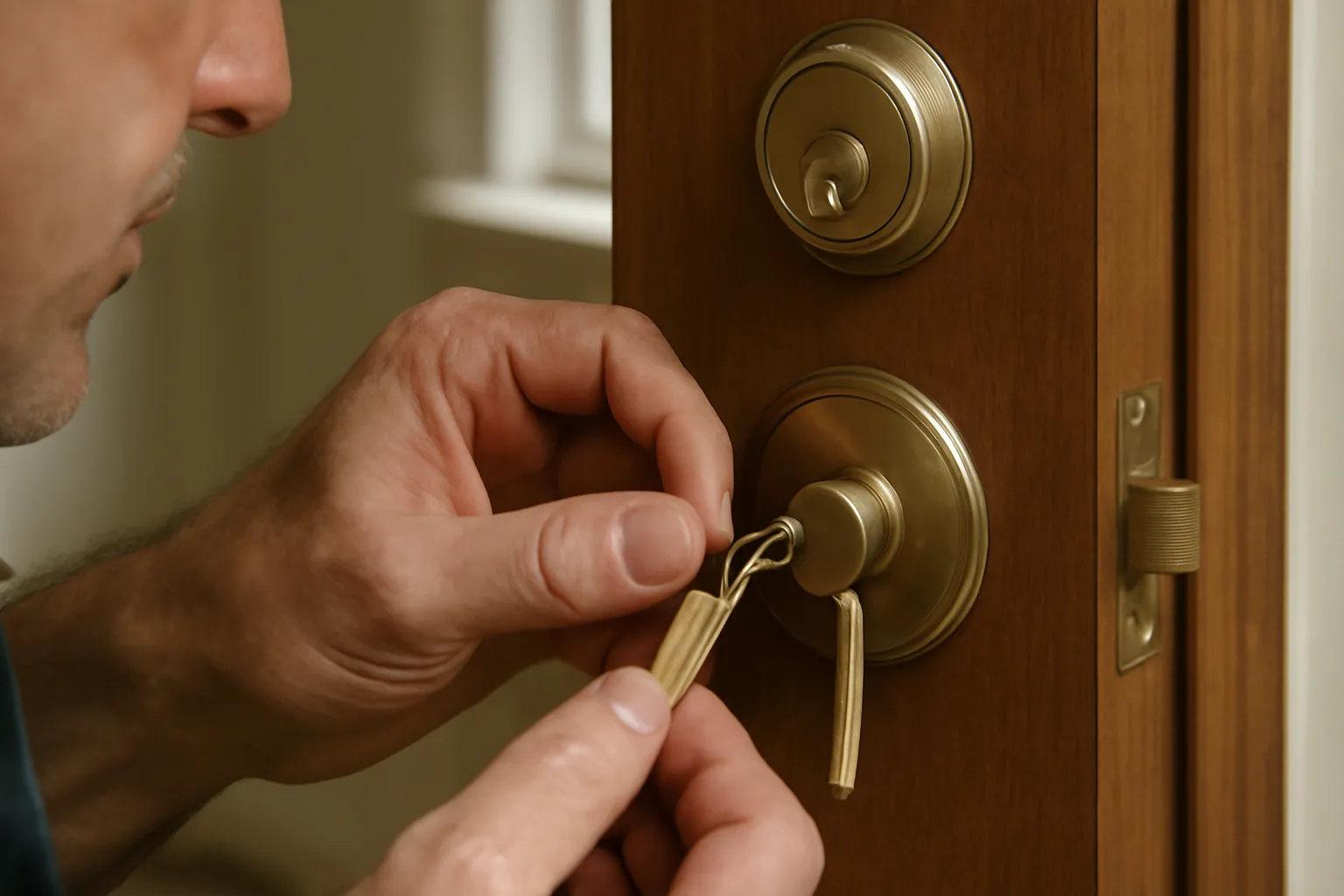 A close-up of a locksmith's hands rekeying a brass doorknob on a wooden door. The locksmith is holding a new key while adjusting the lock mechanism. The warm natural light highlights the brass doorknob, the key, and the locksmith's hands, with a blurred background of the wooden door and soft lighting.