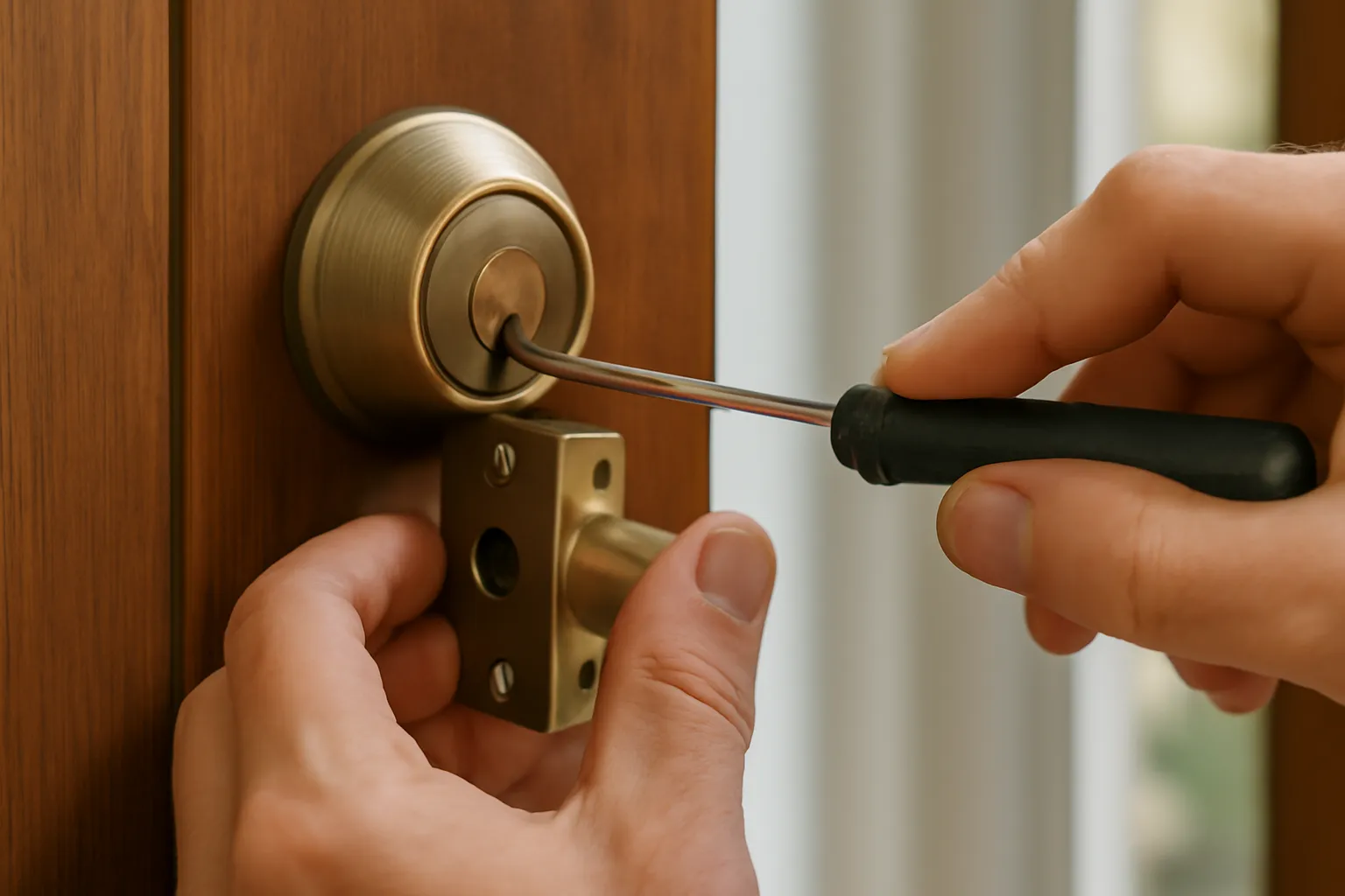 Realistic close-up of a locksmith installing a deadbolt lock on a wooden front door, focusing on the hands working with the lock mechanism and tools, soft natural lighting, no text or logo