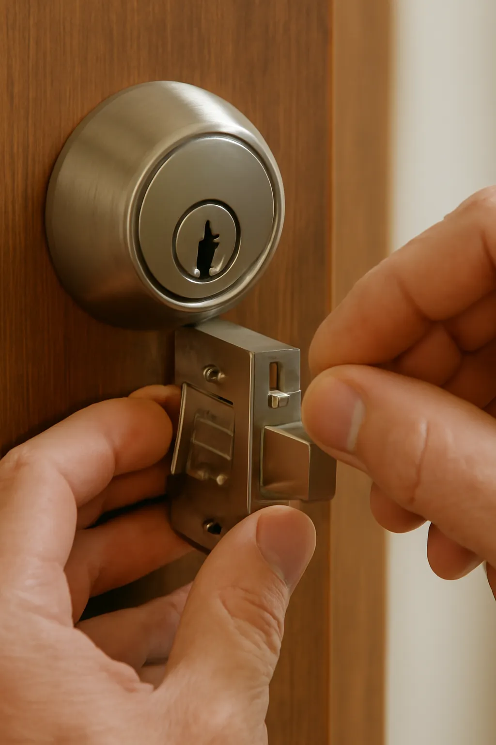 Realistic close-up of a high-security deadbolt being installed on a door, locksmith’s hands adjusting the mechanism, showcasing security features, soft natural light, no text or logo