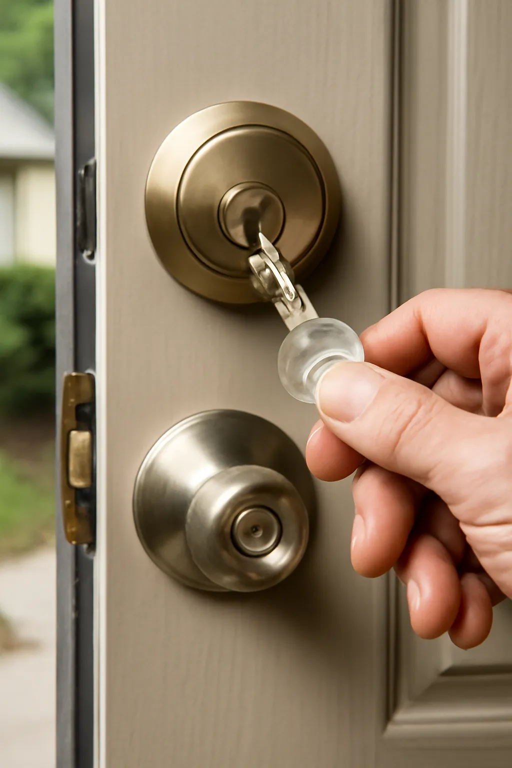 Realistic close-up of a locksmith’s hand holding a key next to a newly installed brass deadbolt lock on a residential door, with a soft natural light illuminating the scene.