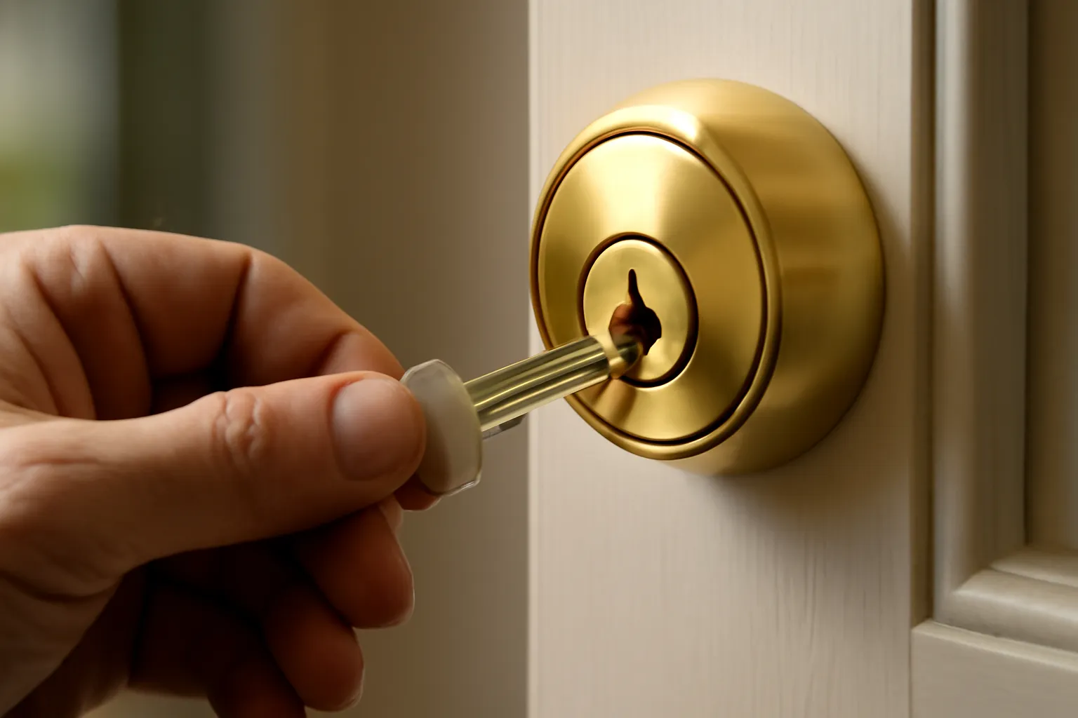 Realistic close-up of a locksmith's hand holding a key next to a newly installed brass deadbolt lock on a residential door, with soft natural lighting highlighting the lock mechanism, no text or logos."