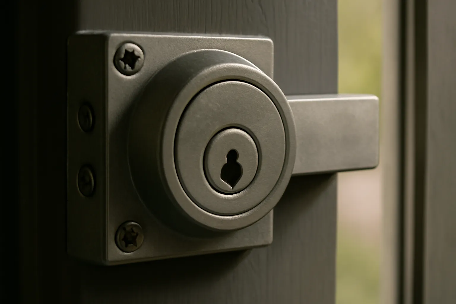 Realistic close-up of a heavy-duty deadbolt lock installed on a sturdy front door, highlighting the intricate locking mechanism and keyhole, with soft natural lighting illuminating the scene, no text or logos
