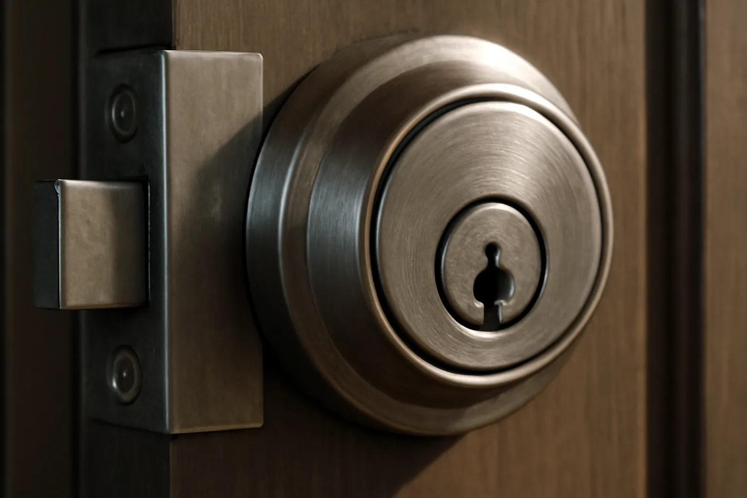 Realistic close-up of a heavy-duty deadbolt lock installed on a sturdy front door, highlighting the intricate locking mechanism and keyhole, with soft natural lighting illuminating the scene, no text or logos.