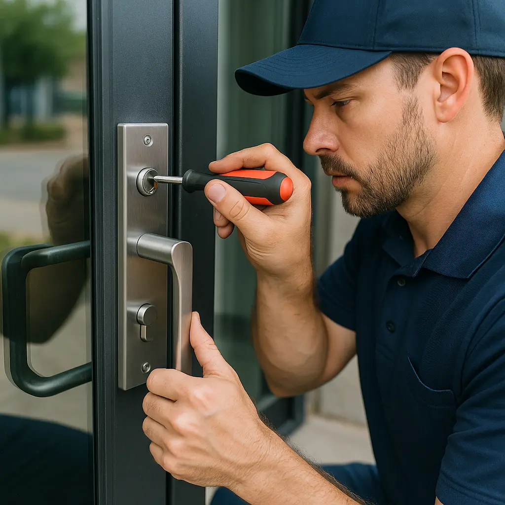 A worker in a blue uniform and cap is repairing a door lock with a screwdriver.