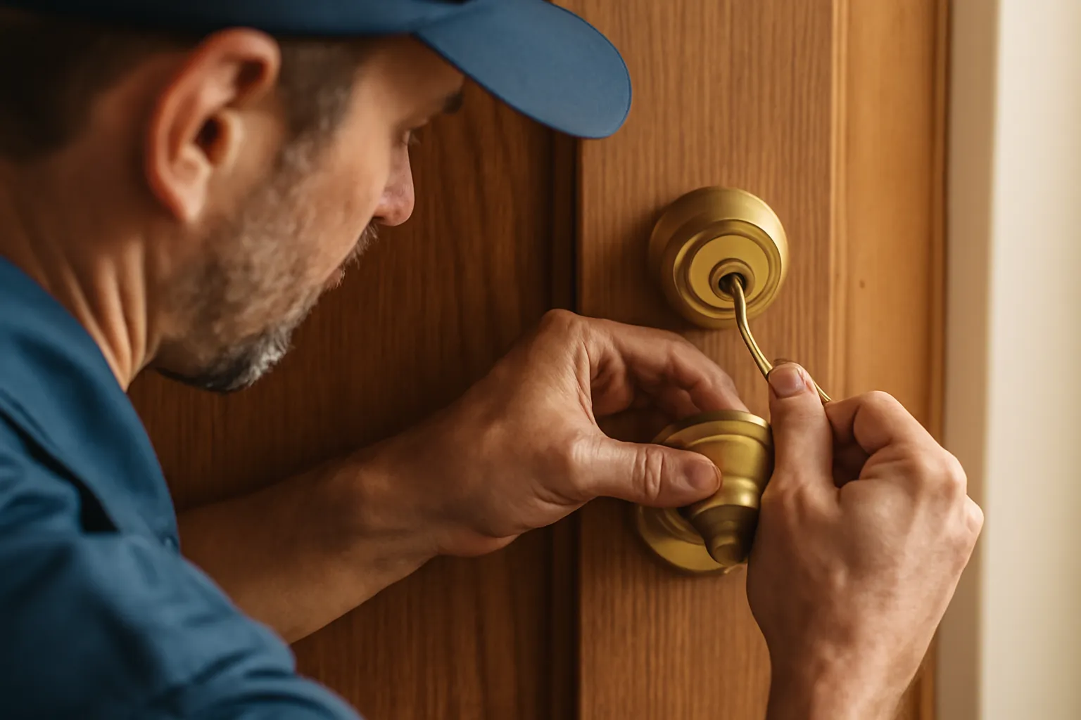 Realistic scene of a locksmith installing a deadbolt lock on a wooden door, close-up of hands tightening the lock cylinder, natural daylight, no text or logos
