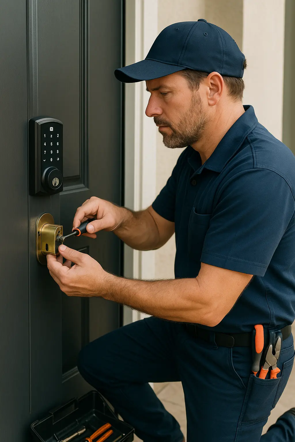 Professional locksmith in a navy work uniform installing a digital deadbolt lock on a modern dark gray front door, using a screwdriver, with tools neatly arranged in an open toolbox and natural daylight illuminating the scene.