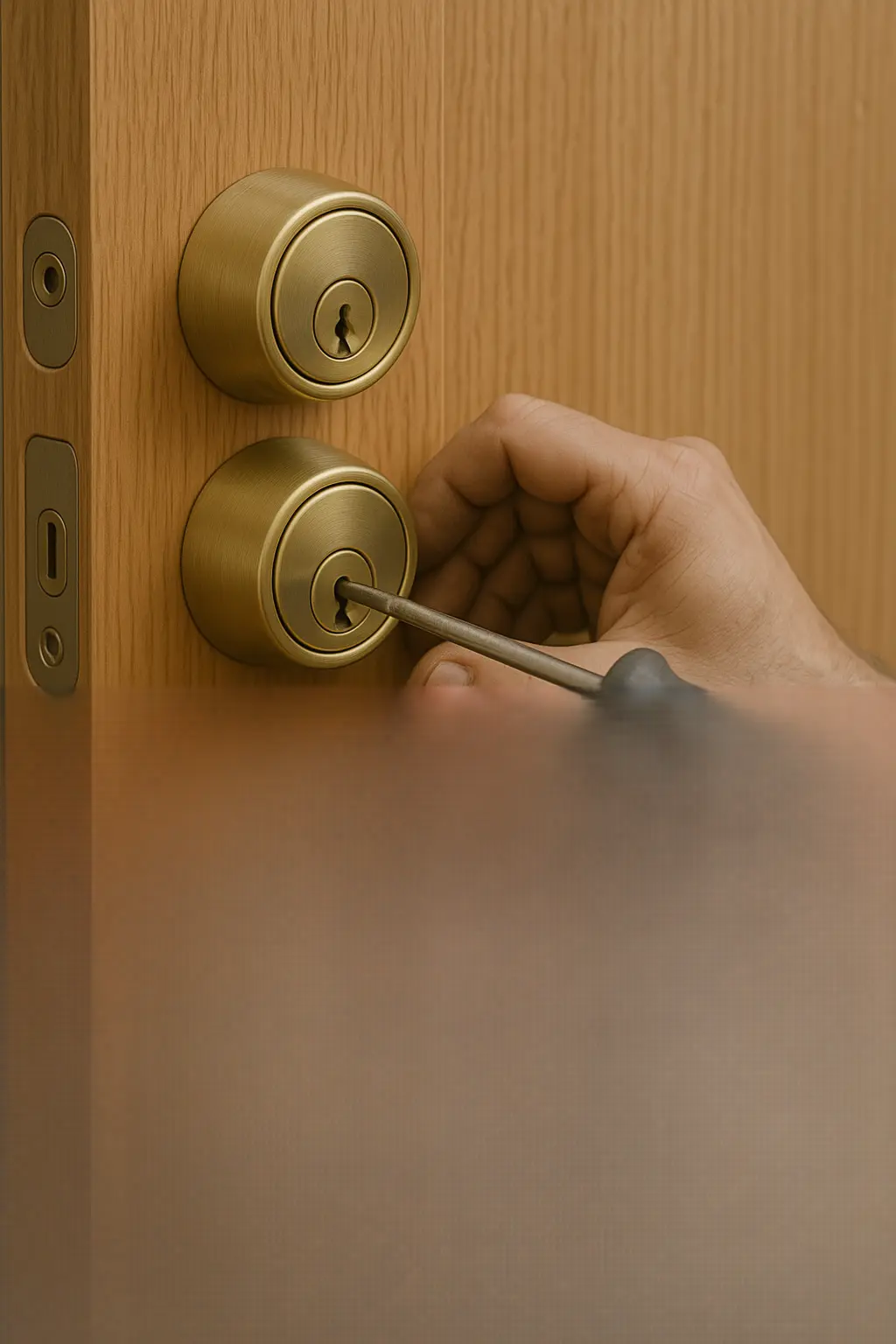Close-up of a locksmith’s hands installing a double cylinder brass deadbolt lock on a sturdy wooden door, showing both interior and exterior keyholes, with a screwdriver and nearby tools under natural daylight.