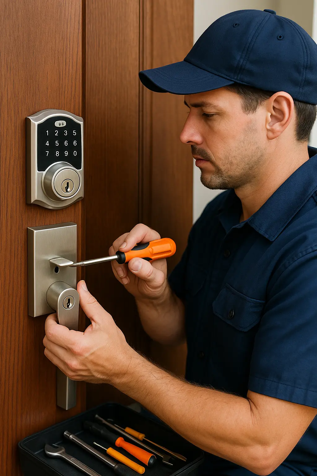 rofessional locksmith in a navy work uniform installing an electronic deadbolt lock on a stylish wooden door, using an orange-handled screwdriver, with a clear view of the keypad, lock mechanism, and an open toolbox under natural lighting.