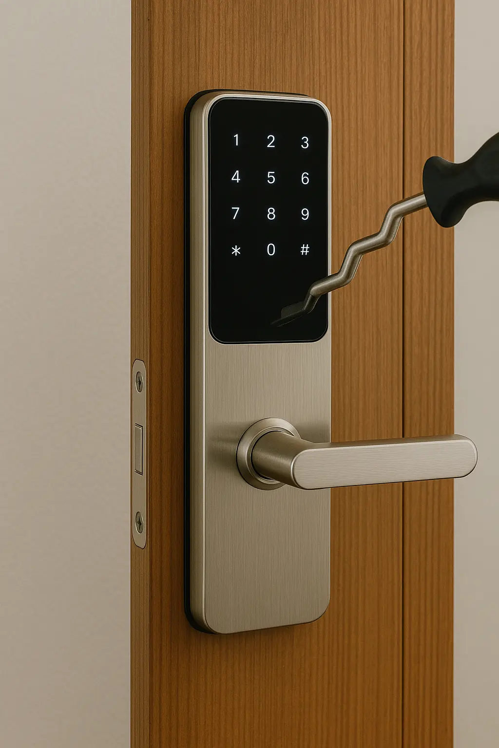 Close-up of a modern electronic door lock with a touchscreen keypad and brushed stainless steel handle, being installed with a zig-zag screwdriver on a wooden door.