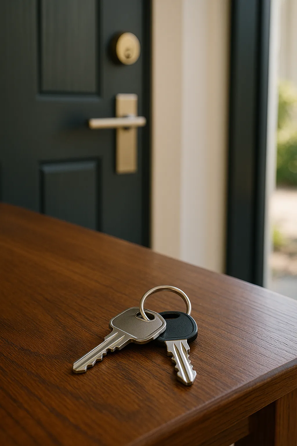 Close-up of a set of front door keys on a metal keyring, resting on a polished wooden entryway table near a modern front door, with natural daylight highlighting the sharp details and textures.