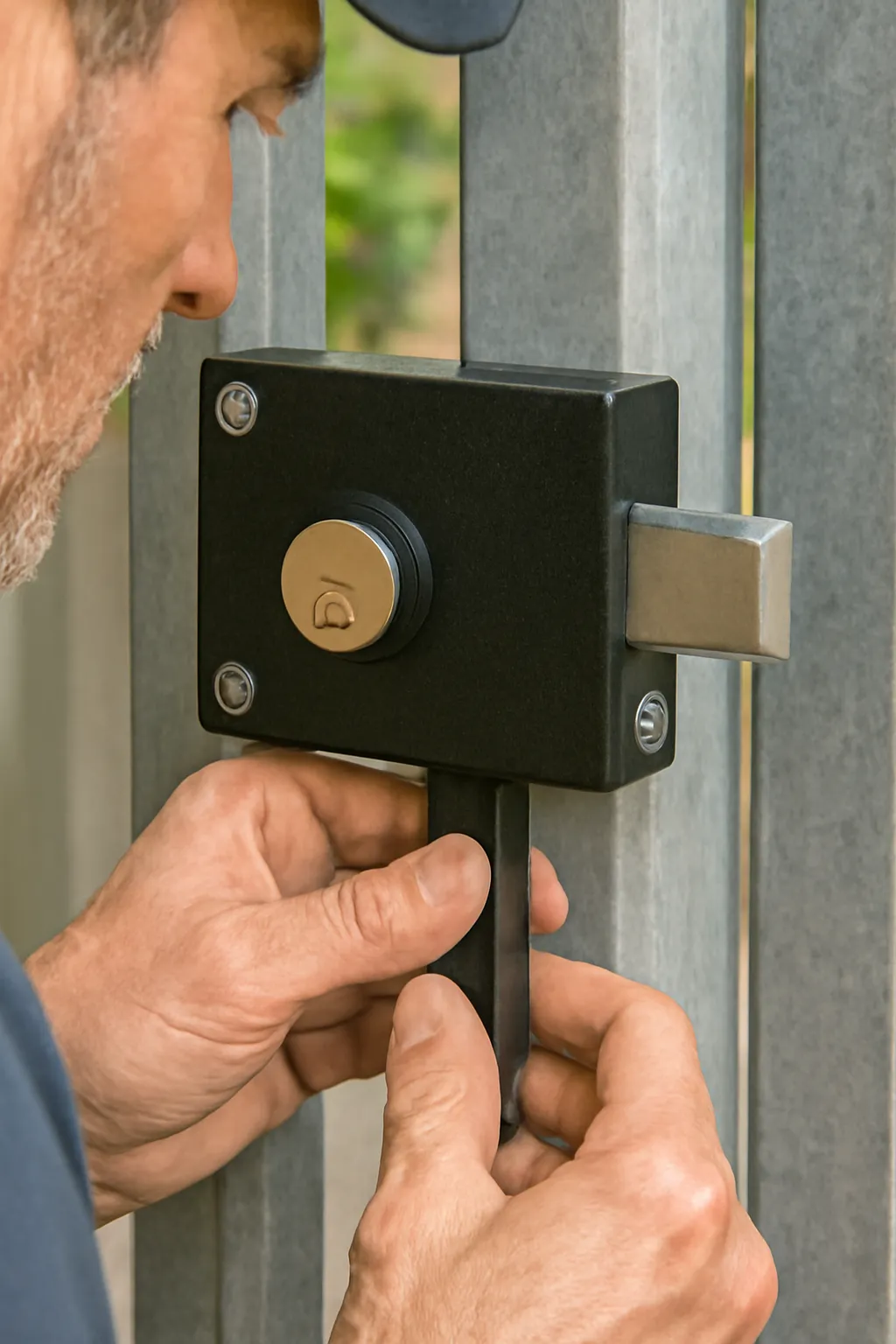 Close-up of a locksmith installing a heavy-duty black gate lock on a galvanized steel gate. His hands are shown securing the lock mechanism, with natural daylight illuminating the lock and the textured gate, while the background features blurred greenery.