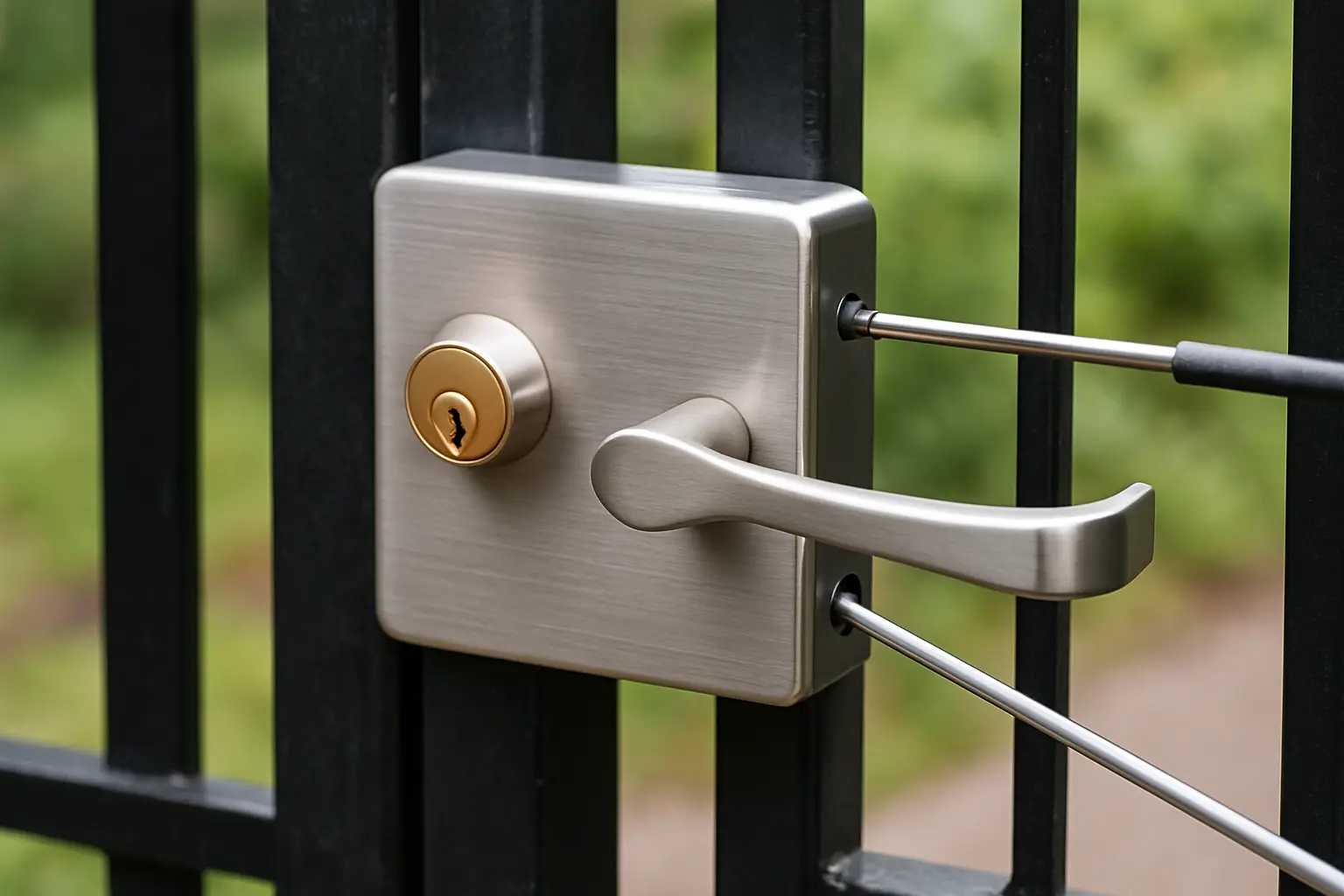 Close-up of a metal gate lock with a brushed steel finish, mounted on a black iron gate, being secured with a screwdriver, with a blurred garden background visible through the bars.