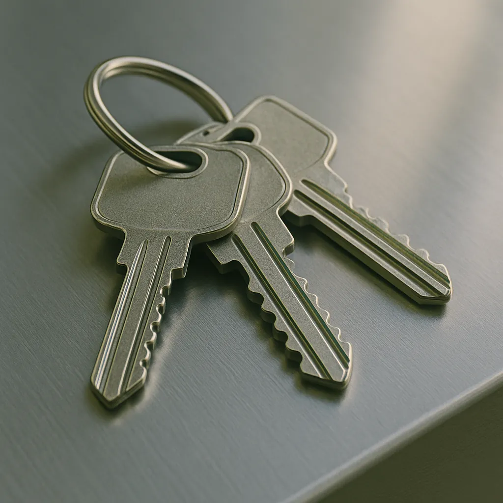 Close-up of three high-security silver keys with unique grooves on a metal keyring, resting on a sleek brushed stainless steel surface, illuminated by natural daylight for sharp detail and texture.