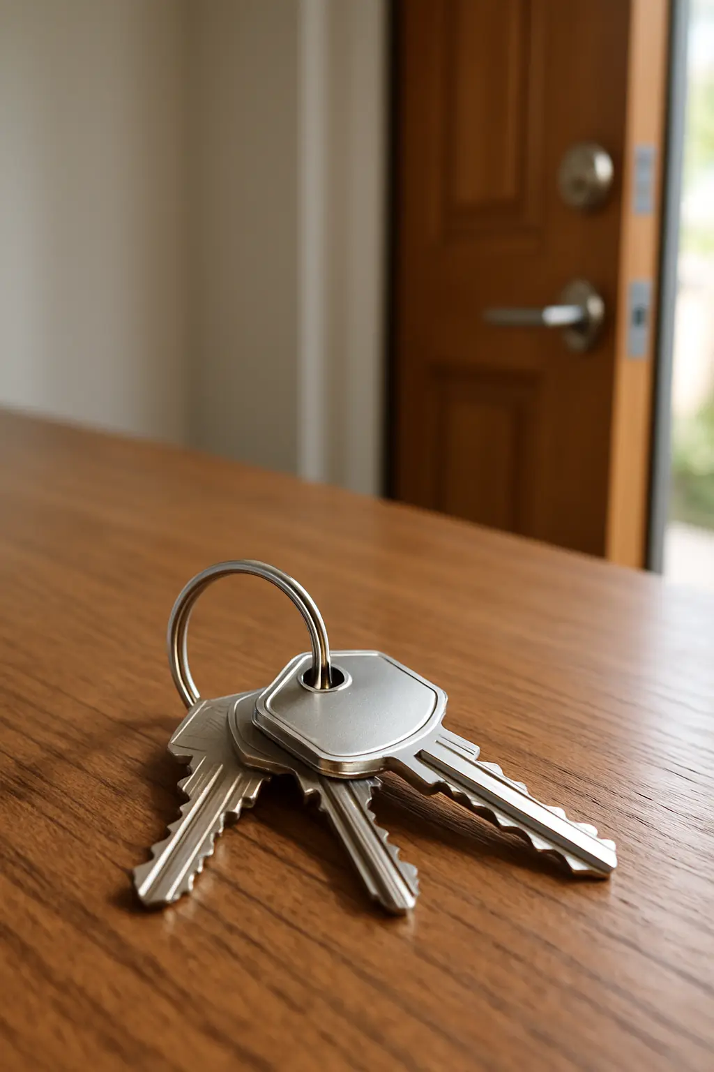 Close-up of a set of modern silver house keys on a keyring, resting on a polished wooden table near an open front door, with natural daylight highlighting the sharp details and textures