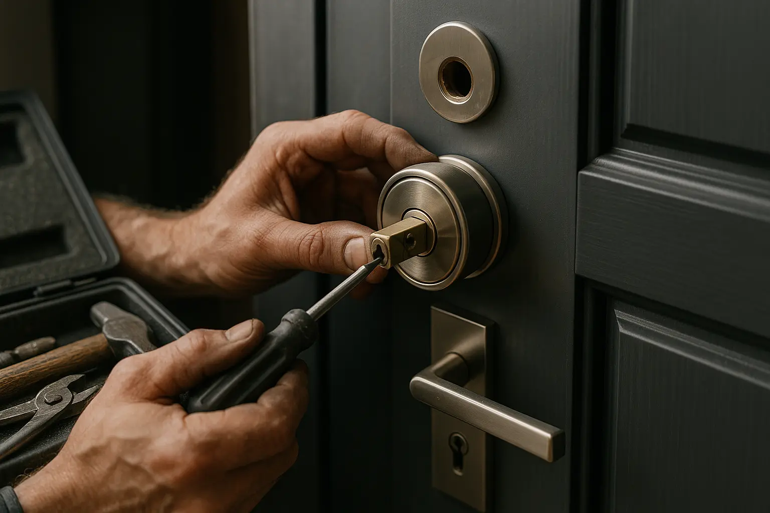 Realistic close-up of a locksmith’s hands installing a brass deadbolt lock on a sleek metal door, with a screwdriver in one hand and the lock mechanism held steady in the other, detailed view of surrounding tools in a black toolbox.