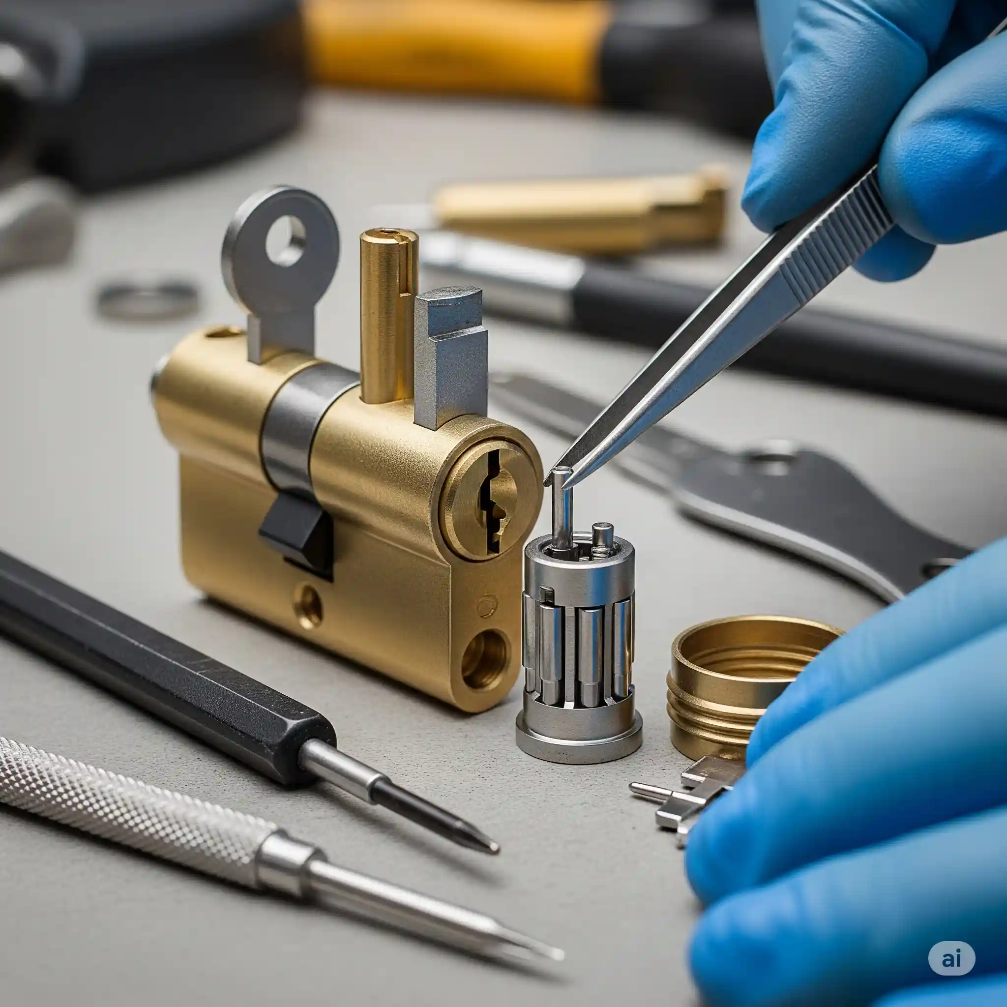 Hands in blue gloves repairing an interchangeable core cylinder lock with tweezers, surrounded by tools and components