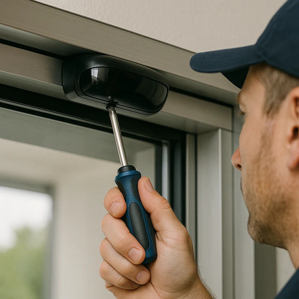 Worker repairing a black motion sensor on a sliding door with a screwdriver.