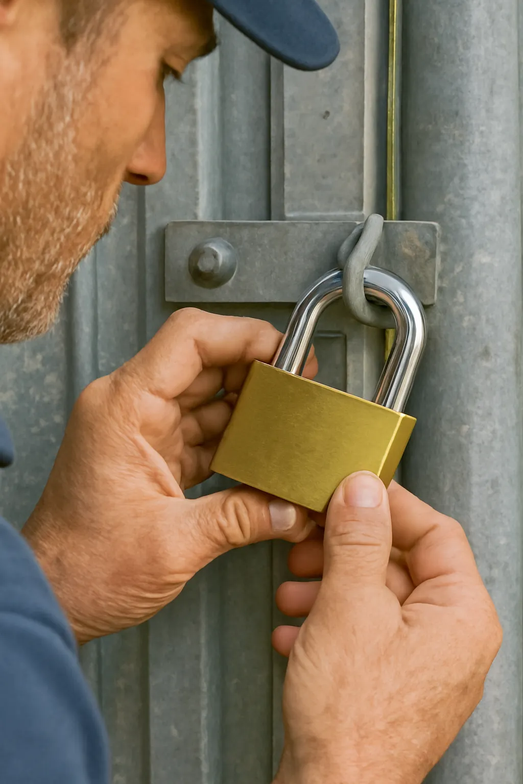 Close-up of a locksmith installing a brass padlock on a weathered metal gate. His hands are shown carefully securing the lock, with soft natural daylight highlighting the lock mechanism and the textured gate background