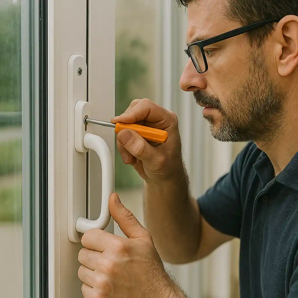Worker repairing a white patio door handle lock with a screwdriver.