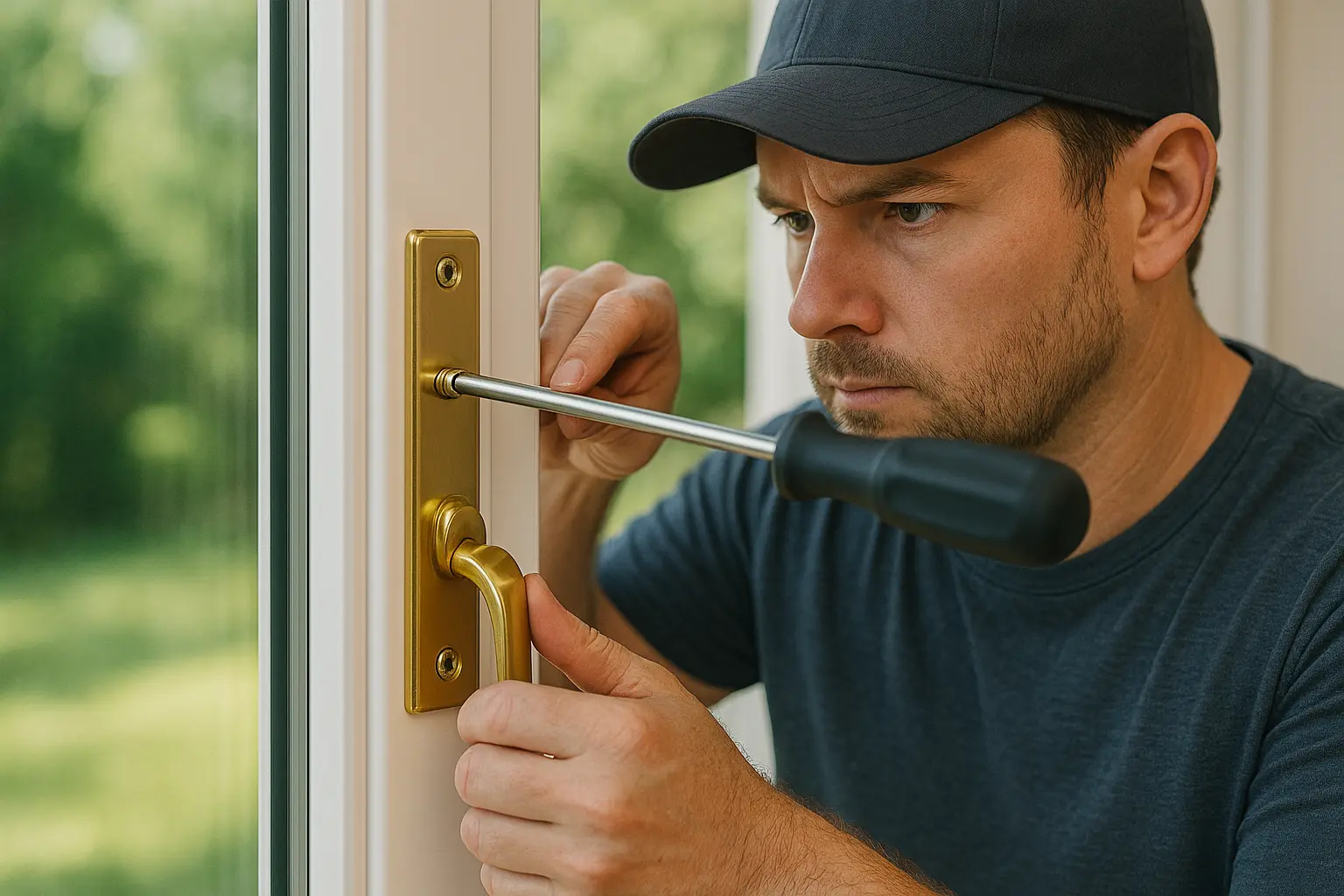 Locksmith replacing a brass patio door lock, tightening the screw with a screwdriver, with blurred greenery visible through the glass.