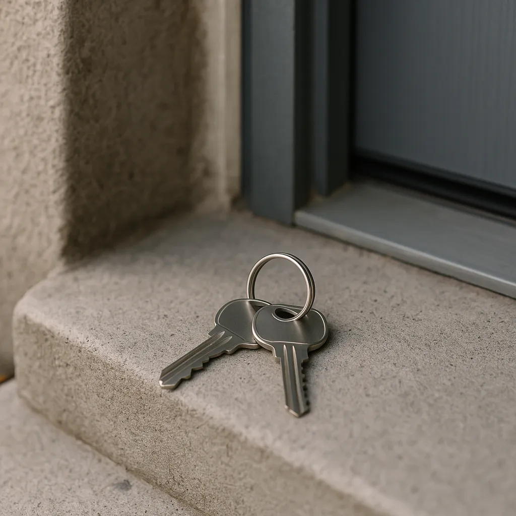 Close-up of a set of side entry door keys on a metal keyring, lying on a textured concrete step beside a gray side door, with natural daylight highlighting the sharp details and surfaces.
