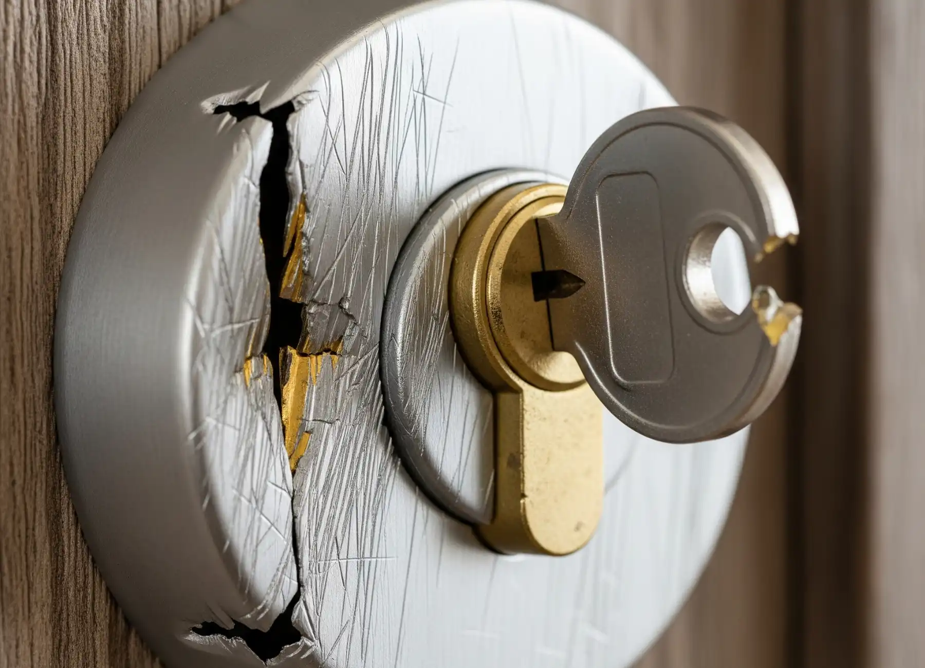 A close-up of a damaged, scratched, and cracked metal lock plate with a key inserted, clearly indicating one of the most urgent Signs It’s Time to Replace Your Lock.