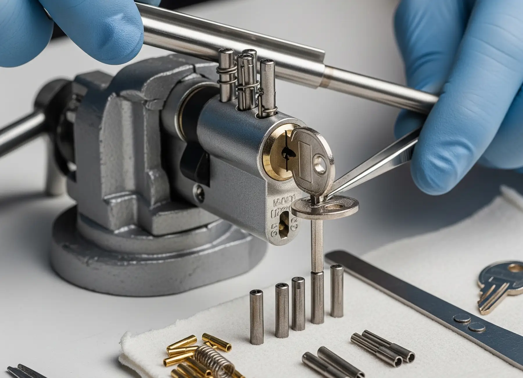 A locksmith wearing blue gloves is rekeying a lock cylinder clamped in a vise, with various pins, springs, and tools laid out nearby. This image illustrates the process behind the Signs That Your Lock Needs to Be Rekeyed.