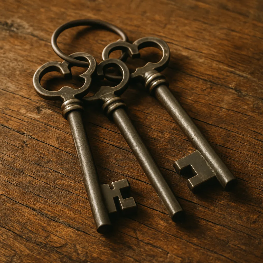 Close-up of three vintage skeleton keys with clover-shaped bows on a metal keyring, resting diagonally on a weathered wooden surface, with warm natural lighting highlighting their aged metal finish and fine details