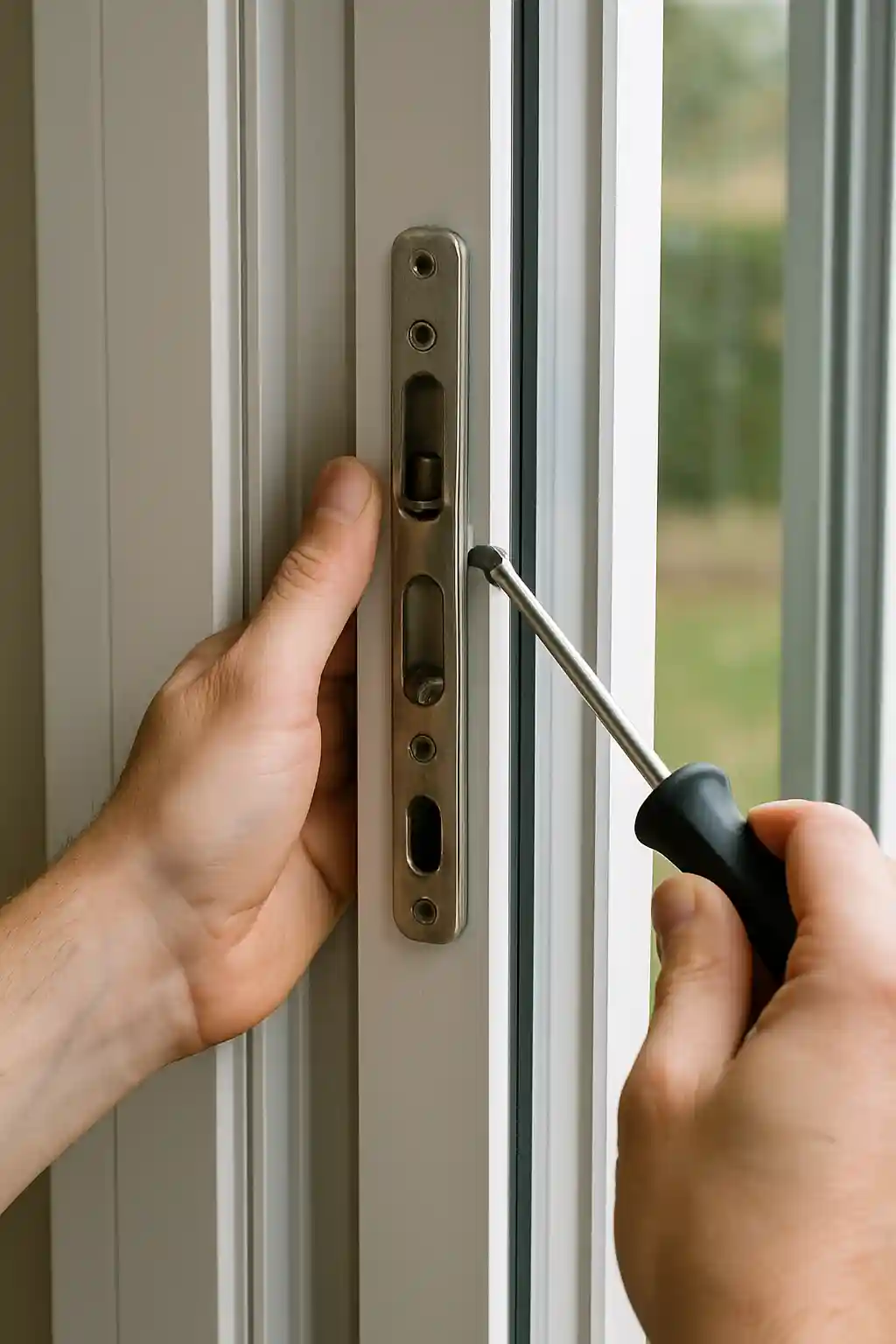 A worker repairing a sliding door lock with a screwdriver.