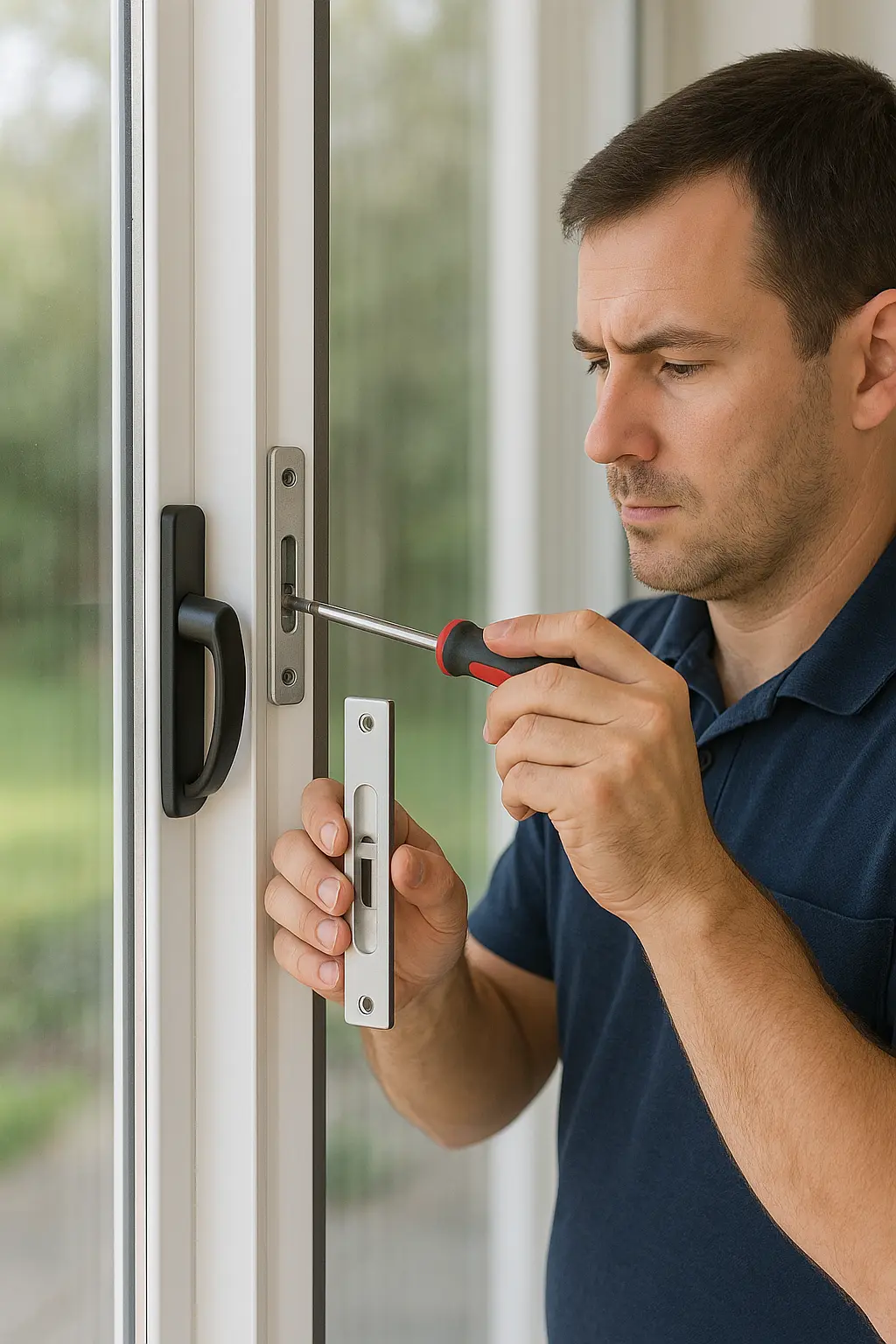 Technician replacing a sliding glass door lock with a screwdriver, focusing intently while holding the lock plate, with a blurred outdoor background visible through the glass.