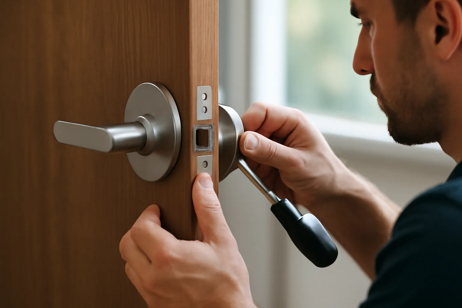 Realistic scene of a locksmith installing a storeroom function lock on a wooden door, close-up of hands securing the lock components, natural daylight illuminating the scene, no text or logos