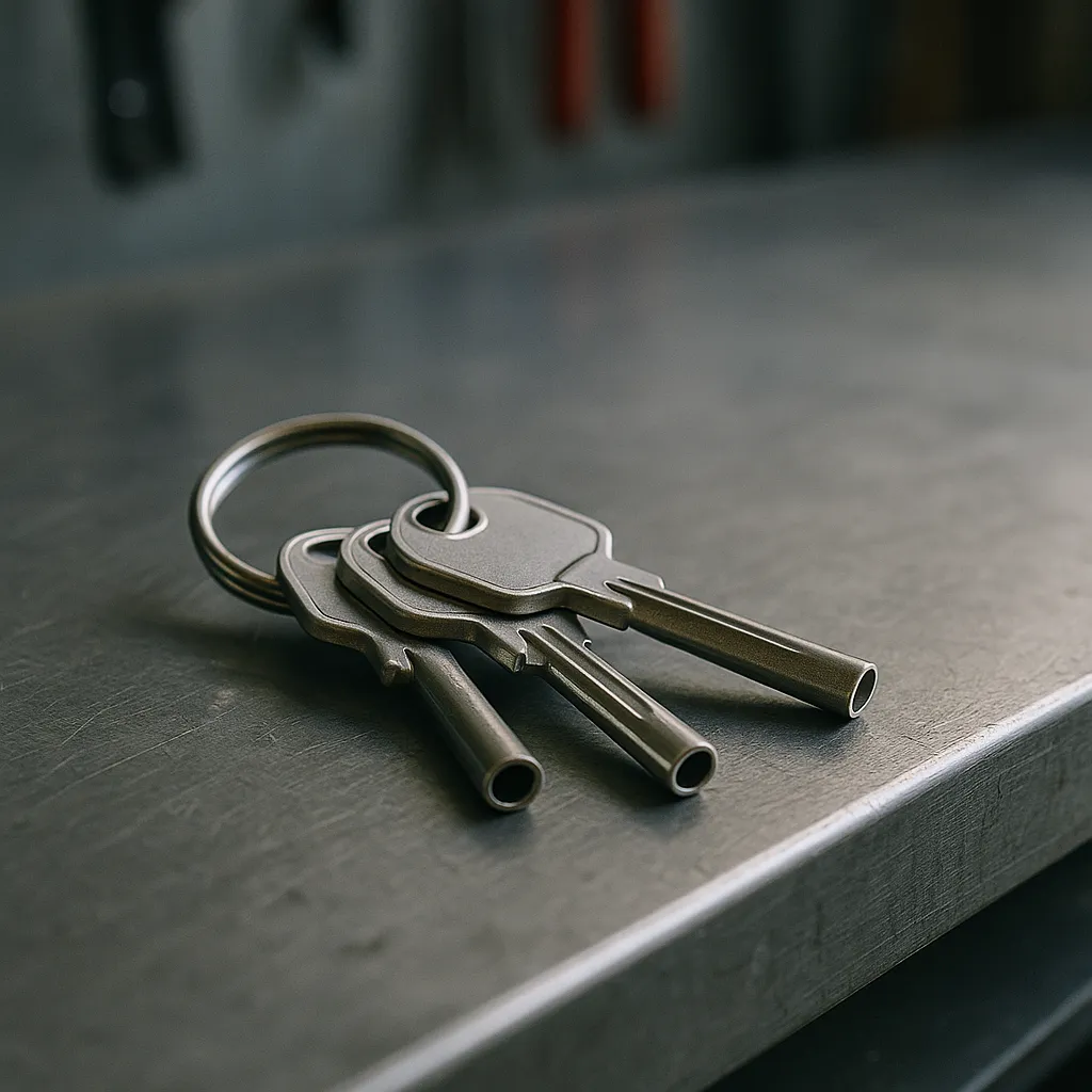 Close-up of a set of three tubular silver keys with rounded ends on a metal keyring, resting on a brushed metal workbench, with natural daylight highlighting the sharp details and textures.